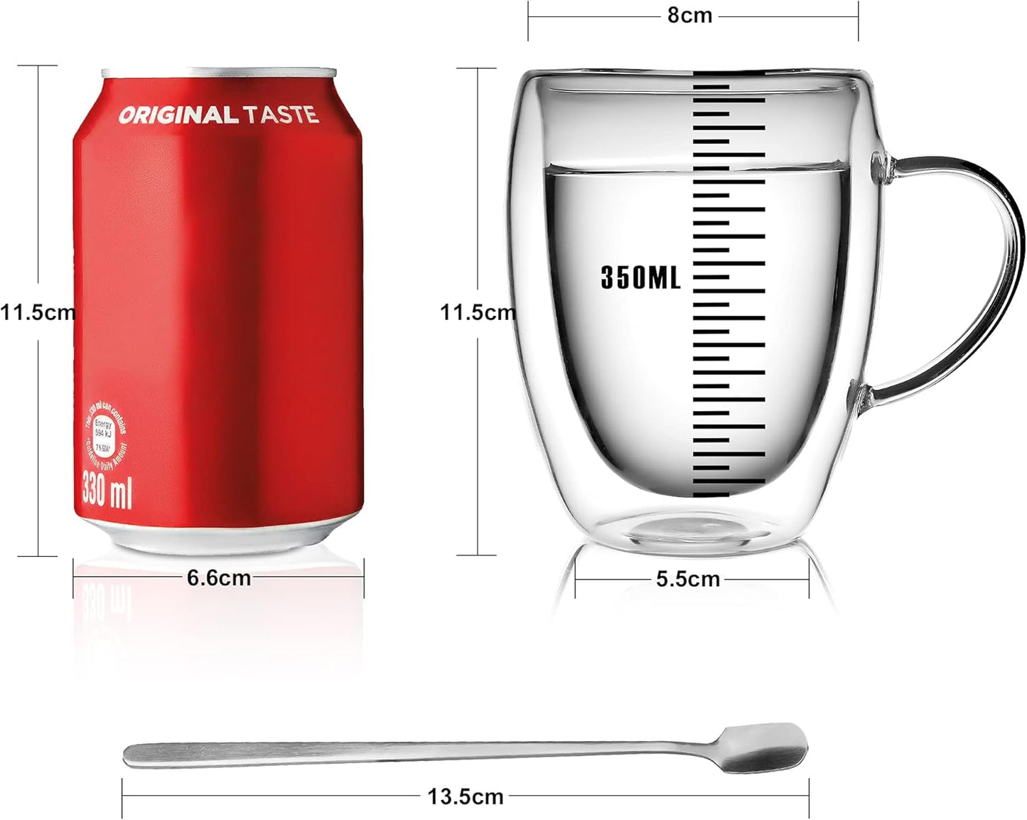 1 tasse à café + 1 cuillère Tasse à Café Double Paroi 350ML avec Poignée, pour Macchiato, Verre à Thé, Cappuccino,