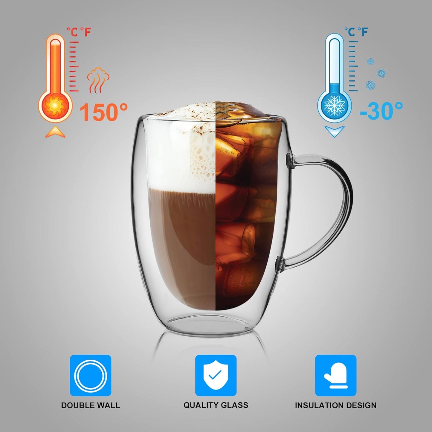 1 tasse à café + 1 cuillère Tasse à Café Double Paroi 350ML avec Poignée, pour Macchiato, Verre à Thé, Cappuccino,