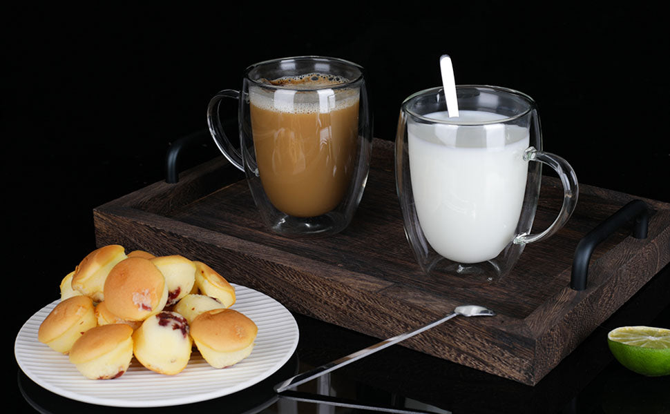 1 tasse à café + 1 cuillère Tasse à Café Double Paroi 350ML avec Poignée, pour Macchiato, Verre à Thé, Cappuccino,